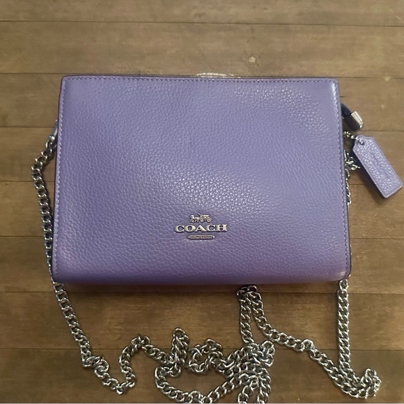 Coach Refined Pebbled Leather Slim Crossbody Bag Purse in Silver/Light Violet - Picture 1 of 13